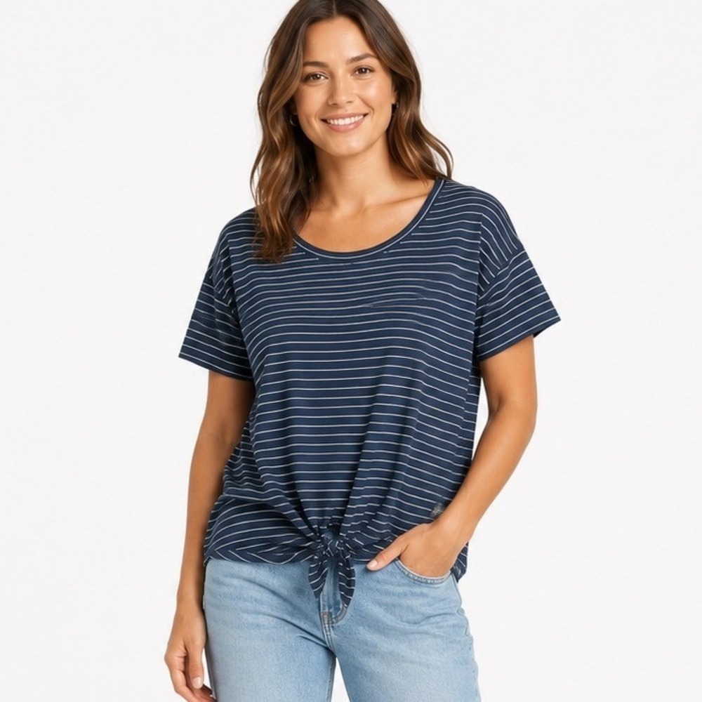 TOAD&CO Womens XS Blue Stripe Tie Front T-Shirt Short Sleeve Casual Travel Top